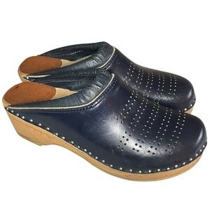 Bastad Original Leather Clogs Blue Perforated 2" Wood Block Heel Troentorp Sz 39